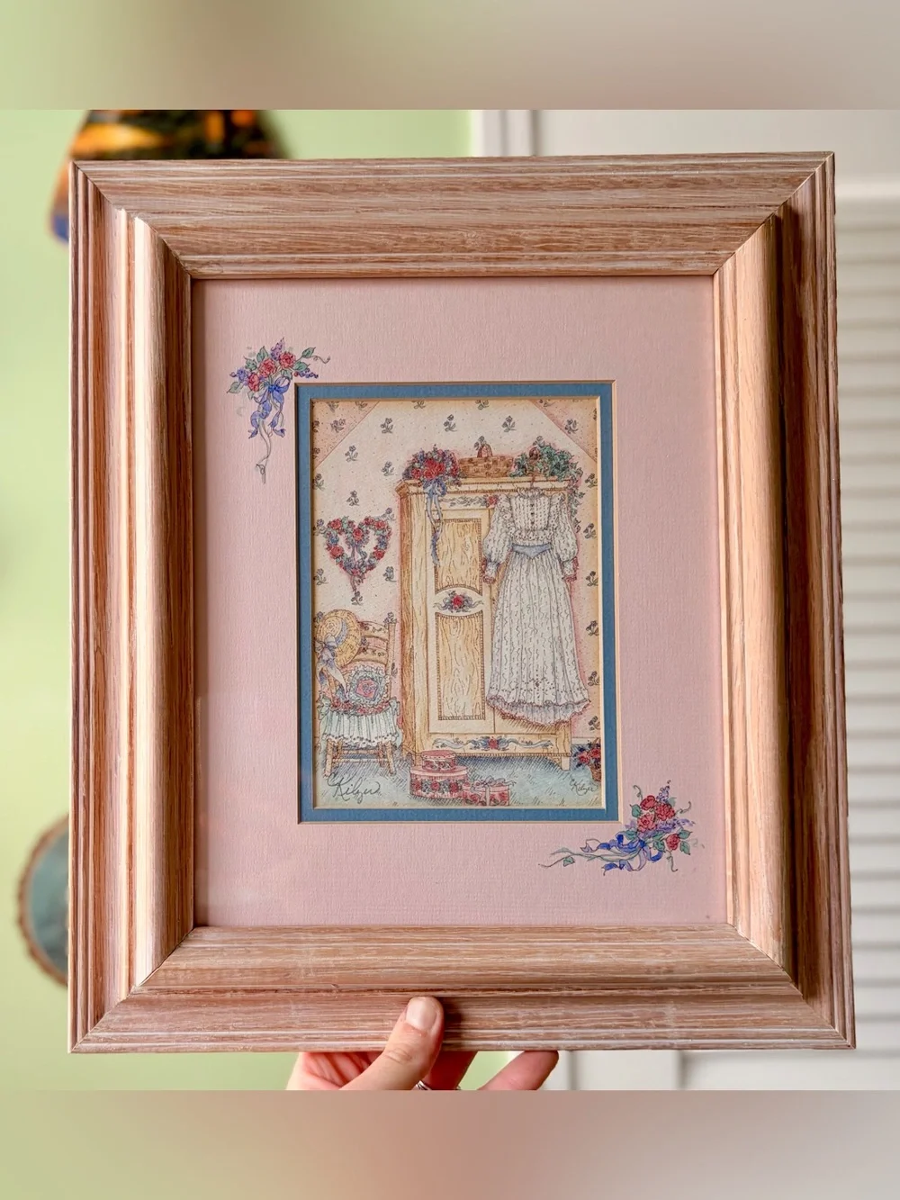 Vintage Framed Sketched Print of Girl Wardrobe Floral Wall Decor Accent